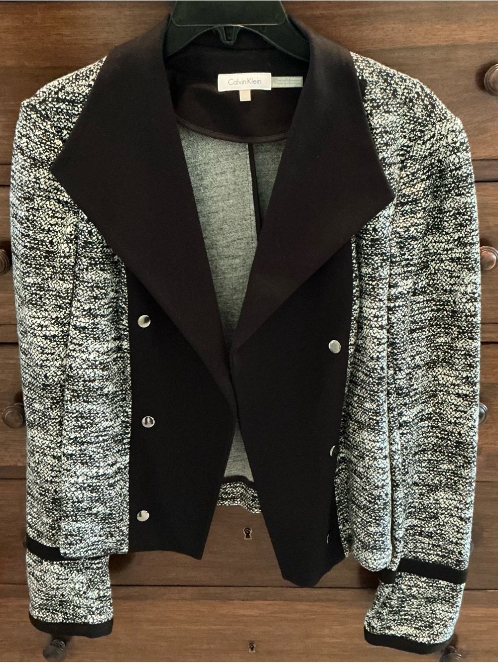 Calvin Klein Black & White Tweed Blazer with Silver Buttons - Size 10